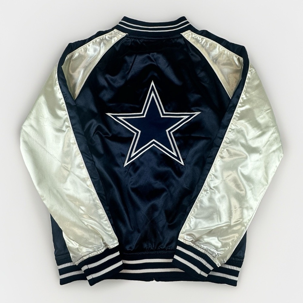 Dallas Cowboys Women's Small Satin Bomber Jacket Navy Silver NFL NWT Varsity - Picture 6 of 11